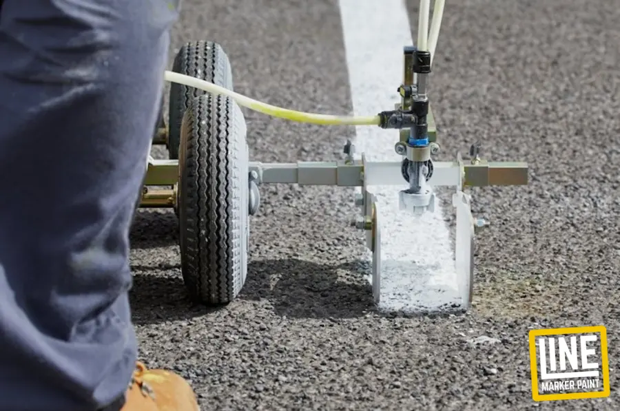 A close-up image of a Zebra line marking machine in action. Painting a straight white line on grey tarmac Hard Surface Preparation